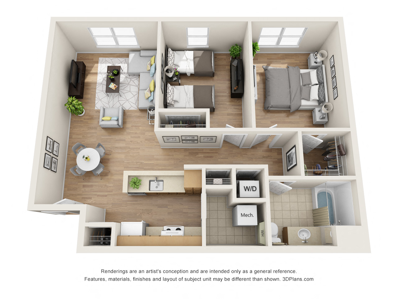 Floor plan for 2 beds, 1 bath, 967 sqft